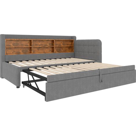 Ausziehbares Tagesbett 90 x 200 cm aus grauem Leinen mit USB und Stauraum, MODENUIT (1/5)