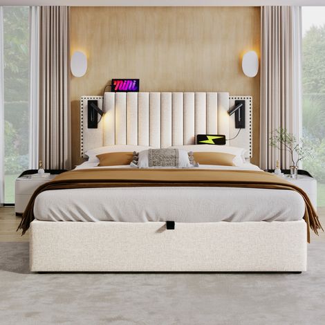 Letto 160x200 cm in cotone beige con contenitore, luce da lettura e USB, senza materasso - CHICFURN (1/5)