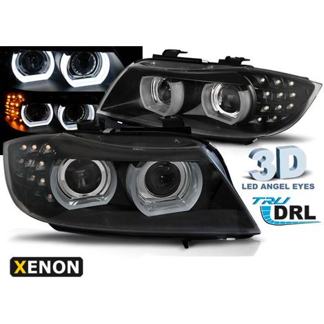 Paire feux phares BMW E90/E91 09-11 Xenon Angel Eyes Led DRL Noir-33021960