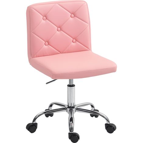 PU Leather Armless Office Chair, Modern Vanity Computer Swivel Chair with Rolling Wheels and Adjustable Height for Home Study, Bedroom, Pink (1/5)