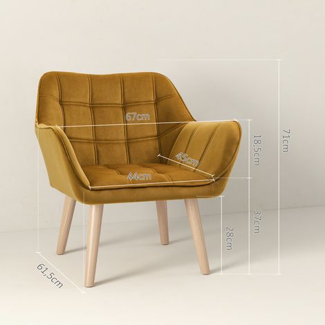 Fauteuil relax scandinave en velours jaune, piètement surélevé, polyester moelleux, dimensions 67x61,5x71 cm, siège individuel confortable. (1/5)