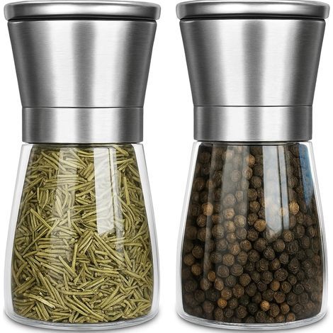 2 Pièces Moulin à Poivre - Salières et Poivrières - Poivrier, 180 ml2, en Acier Inoxydable et Verre, Mécanisme de Broyage en Céramique Réglable, Idéal pour Moudre et Recharger Sel, Poivre et Piment (1/5)