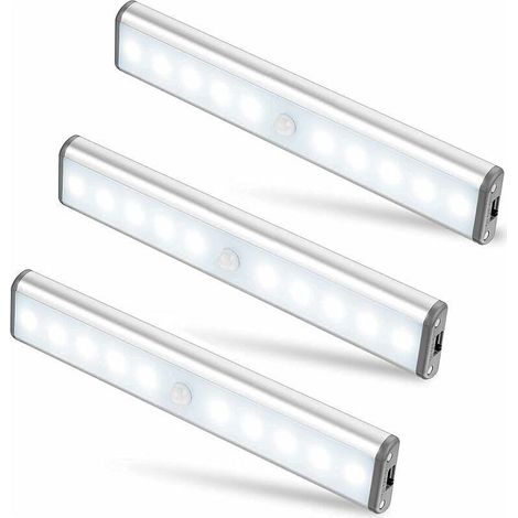 Juego de 3 lámparas LED de 10 LED, inalámbricas, recargables por USB, magnéticas, con sensor de movimiento, 2 modos de iluminación, portátiles. Luz para armario, luz de trabajo de emergencia, luz noct (1/4)