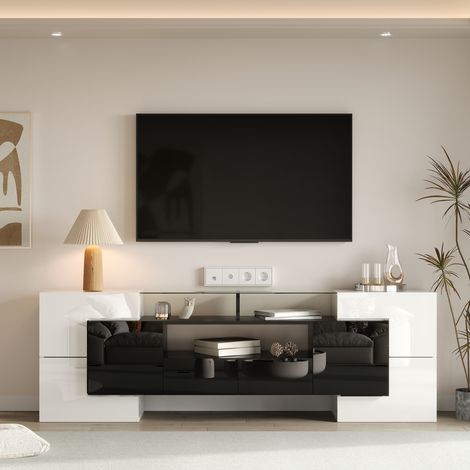 Meuble TV brillant, éclairage LED, nombreux rangements, 200x35x60cm, meuble de salon moderne, surface en verre, blanc+noir (1/5)