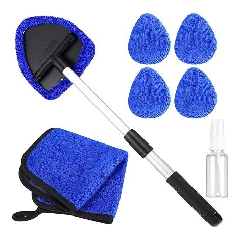 Car Windscreen Cleaner Kit, 180° Swivel Windscreen Cleaning Kit with Telescopic Handle, with Microfibre Pads, Spray Bottle and Towel (1/5)