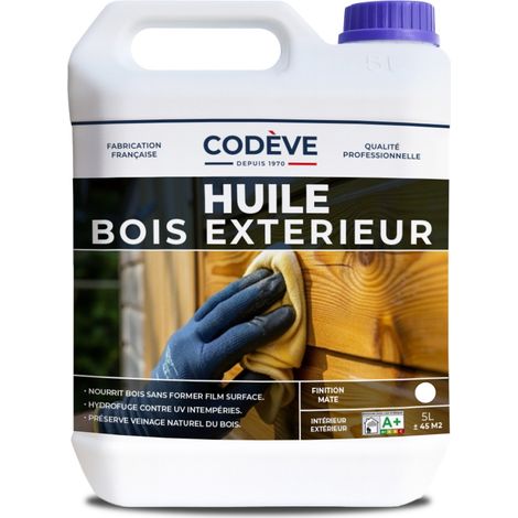 Codève Bois – Huile pour bois extérieur 5 L – Protection profonde contre UV et intempéries – Rendement 9 à 10 m²/l – Application facile avec brosse ou éponge
