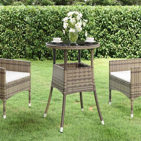 vidaXL Table de jardin Ø60x75 cm Verre trempé/résine tressée Gris (1/5)