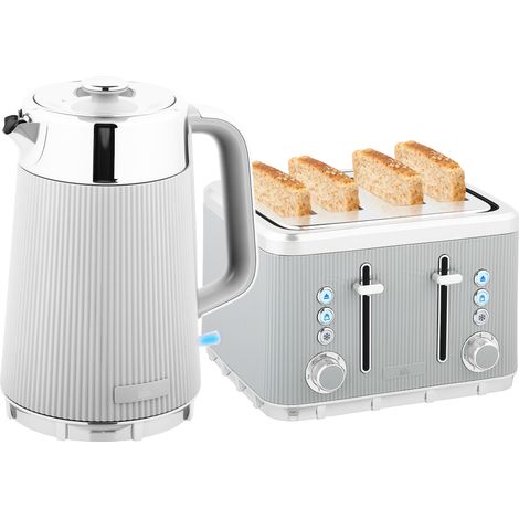 Electric Stainless Steel Kettle and Toaster Set, 3000W 1.7L UK Strix Thermostat Fast Boil Kettle w/ Limescale Filter, Cool Touch Body, 4 Slice Toaster with 7 Browning Levels, Taupe