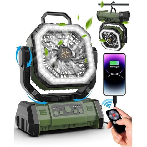 Ventilateur De Camping,[20000Mah] Fan Rechargeable avec Lumière,Ledrotation À 270°,Silencieux Ventilo Portable avec Télécommande,Ports Usb Et Type-C,Idéal pour Camping,Pêche,Urgences (1/5)