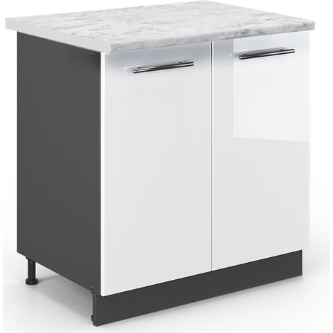 Spülenunterschrank Fame-Line, Weiß Hochglanz, 80 cm mit Regal, AP Marmor, Vicco