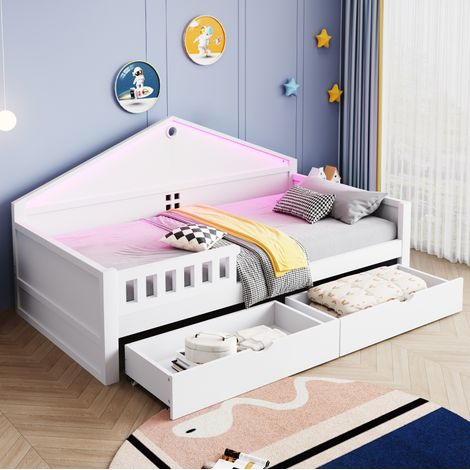 Kinderbett Holz Weiß 90x200 cm mit LED-Lichtleiste und 2 Schubladen (1/5)