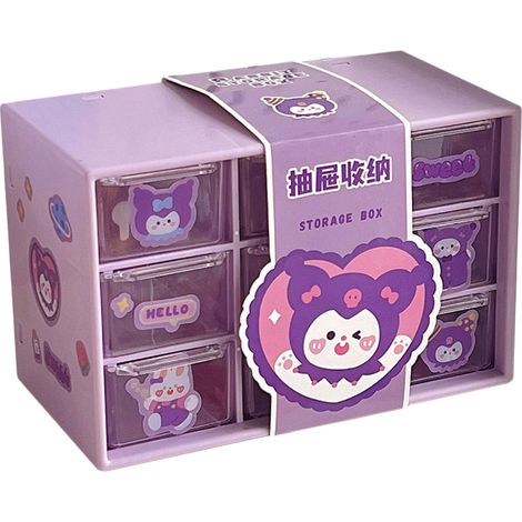 Bureau organisateur 9 tiroirs transparent, boîte de rangement mini fournitures bureau, étui à bijoux, tiroirs de bureau anti-poussière violet avec autocollant lapin (1/5)