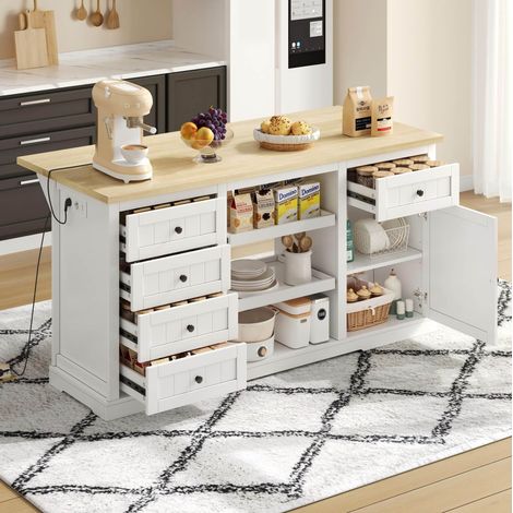 Isla de cocina 150×65×75 cm con 5 cajones 2 estantes extraíbles, panel extensible plegable y enchufes integrados blanca