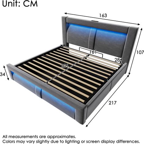 Lit double 160x200 cm avec coffre de rangement, sommier à vérin hydraulique, éclairage LED contrôlable via application, ports USB-C et USB, en velours gris, tête de lit arrondie, sans matelas