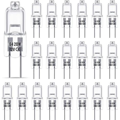 Ampoule Halogene G4 12V 20W,Ampoule G4,Ampoule Halogène Dimmable G4,2800K blanc chaud,Pas de Scintillement,Base G4 BI-pin Capsule Transparente pour Lustres en Cristal,20 Pièces (1/5)