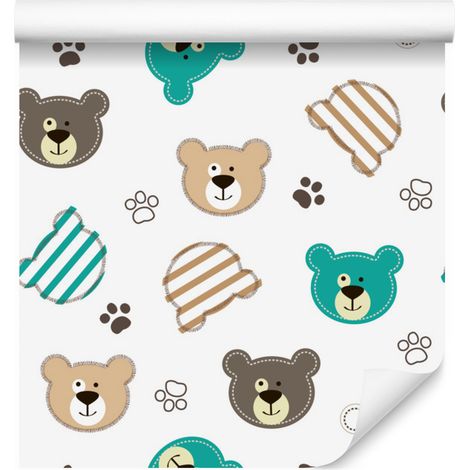 Papel pintado con estampado de huellas de osito de peluche a rayas para salón y dormitorio, 50x1000 cm. (1/5)