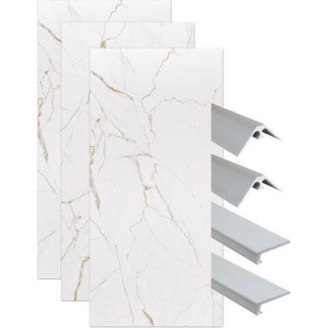 ONDEE ZEN - Pack montage 3 panneaux muraux en niche - marbre blanc 120 cm - profilés chromés