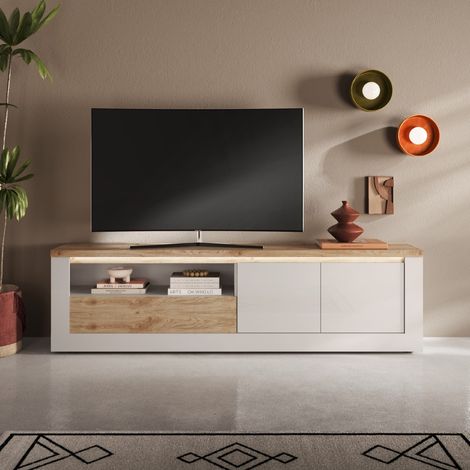 Meuble TV moderne laqué blanc et bois + led 210cm ARIA (1/5)
