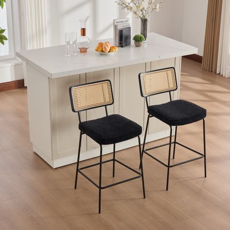 Tabouret de bar lot de 2 assise chenille dossier rotin pieds métal laqué noir