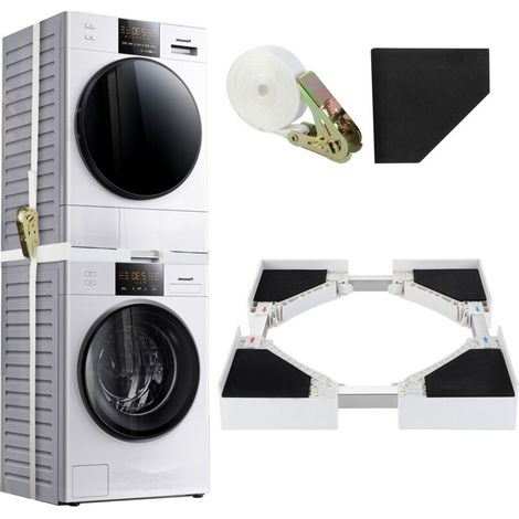 Kit D'empilage Universel - 1 Ensemble - Acier Blanc - Pour Lave-linge Et Sèche-linge 50-70cm - Avec Sangle Et Crochets (1/5)