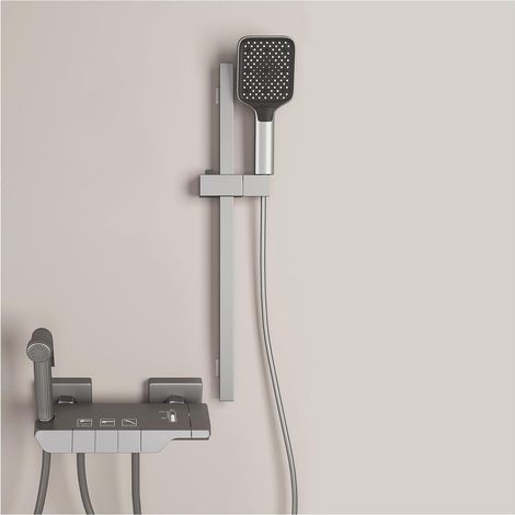 Colonne de Douche, Ensemble de Douche avec Barre de Douche 50cm Réglable en Hauteur, Set de Douche en Acier Inoxydable, Douchette 3 modes, Flexible Tuyau 150cm, Gris