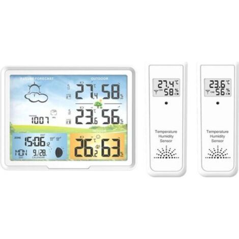 Station météo sans fil avec 2 capteurs externes, horloge radio-réveil intérieur/extérieur, affichage couleur, mesure précise de la température et de l’humidité – pour salon, chambre ou bureau