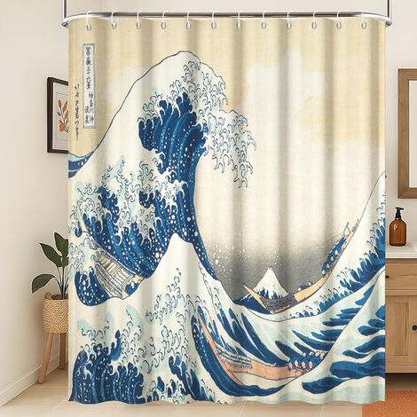 1 Rideau de douche, motif vagues océaniques, bateau bois, tissu polyester hydrofuge, 180x180cm, salle de bain (1/5)