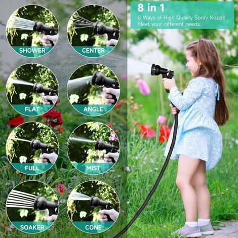 NALOOKAMIC Tuyau d'arrosage Extensible 15m, Tuyau d'eau Flexible avec Pistolet d'Arrosage à 8 Modèles d'Irrigation, Raccords de 3/4'' et 1/2'' en Laiton Massif, Noir (1/4)