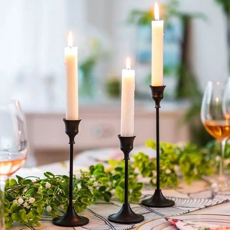 Lot de 3 bougeoirs cône noir en métal, décoration table mariage, intérieur, fête. Convient bougies 2cm diamètre. - Noir - Noir (1/5)