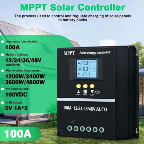 Régulateur Solaire MPPT - 100 A - Écran LCD Rétroéclairé - Compatible 12 V 24 V 36 V 48 V - 2 Ports USB - 4800 W Max (1/4)