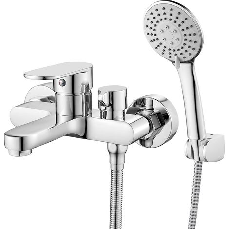 Robinet de baignoire avec douchette à main, mitigeur de baignoire avec douchette et pommeau de douche 3 fonctions en laiton chromé (1/5)