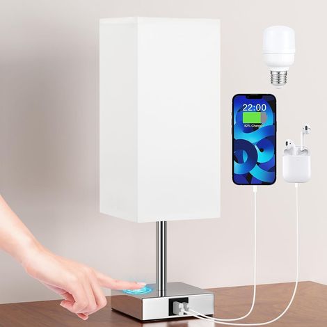 Lampe de chevet tactile, ampoule dédiée + (A+C) USB, luminosité réglable sur trois niveaux et abat-jour en toile de jute blanche, convient aux salons, chambres, hôtels, etc. [Classe d'efficacité énerg (1/5)