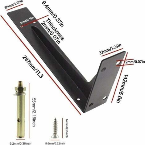 Lot de 2 supports d'étagère (290 mm), robustes, pour fixation murale, vis incluses, noirs, capacité de charge : 150 kg/330 lb