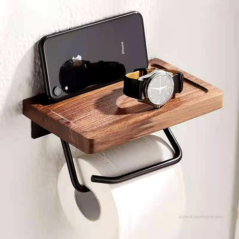 Toilet Paper Holder With Black Walnut Shelf For Bathroomwall Mounted Toilet Paper Tissue Holder (1/5)