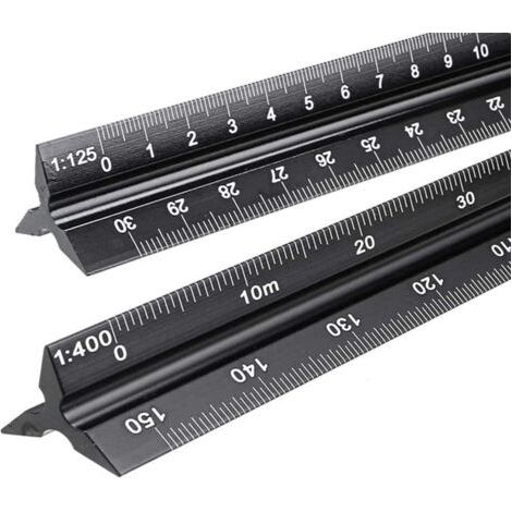 Lot de 2 règles à échelle de réduction triangulaires en aluminium pour architectes et ingénieurs : 1:20,1:25,1:50,1:75,1:100,1:125/1:100,1:200,1:250,1:300,1:400,1:500 (1/5)