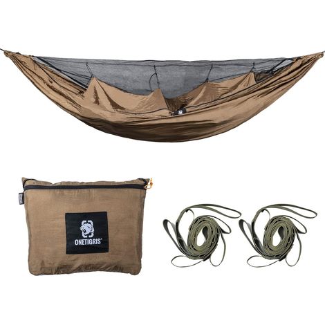 OneTigris KOMPOUND Reisehängematte für 1 Person, Outdoor-Hängematte mit Moskitonetz  Modulare Verpackung 260x130cm (Coyote Brown)