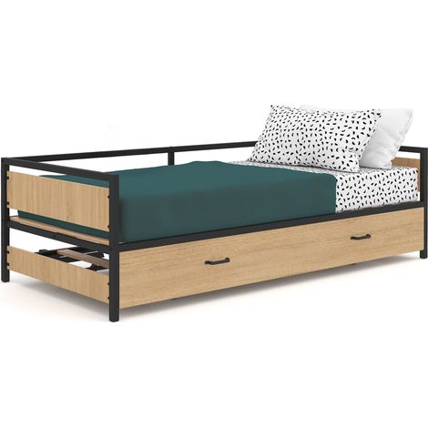 Idmarket – Lit banquette convertible 90 x 190 cm – Couchage 2 en 1 – Style industriel – Dimensions déplié 180 x 190 cm – Matériaux bois et métal