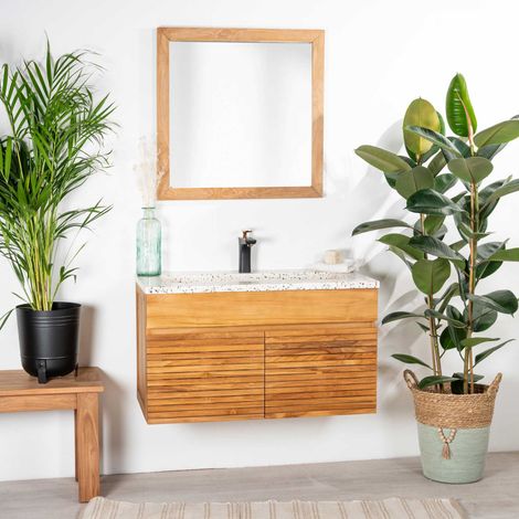 Meuble salle de bain en teck et terrazzo crème Aktual 90cm