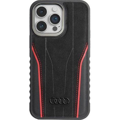 Custodia rigida Audi in vera pelle MagSafe per iPhone 15 Pro Max 6.7, colore nero e rosso, modello AU-TPUPCMIP15PM-R8/D3-RD (1/5)
