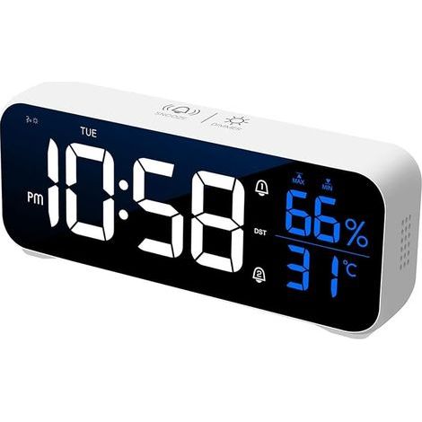 Digitaler Wecker mit wiederholtem Alarmton, 5 Helligkeitsstufen und Weckzeiteinstellung.