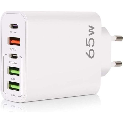 USB-C-Ladegerät, 65 W, 5-Port-USB-C-Ladegerät mit Smart QC 3.0 Schnellladefunktion, USB-Netzteil für iPhone 15, 14, 13, 12, 11 Pro Max, SE 2020, XS, XR, 8, 7 und Samsung