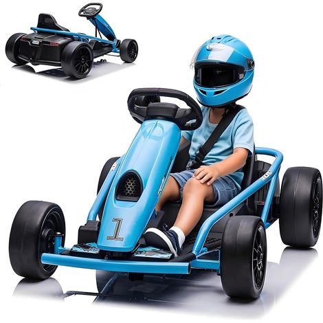 24V Drift Elektro Go-Kart mit Zwei 300W Motoren, Vorderräder: EVA Hinterräder: Nylon-Drifträder, MAX 13km/h, Metallrahmen, Musik und Lautsprechern(Blau) (1/5)