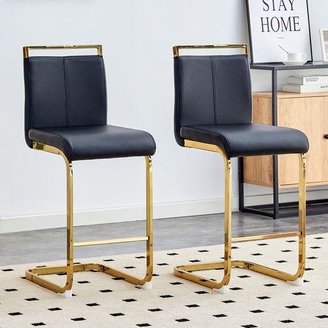 Set de 2 taburetes de bar de metal negro y PU negro/oro, diseño moderno, con reposapiés y montaje fácil,39×46.5×96.5cm (1/5)