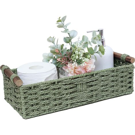 Panier De Rangement En Corde De Papier - Panier Tissé À La Main Pour Salle De Bain Cuisine Bureau - Dimensions 37 X 17 X 9,5 Cm - Vert - 1 Pièce (1/5)