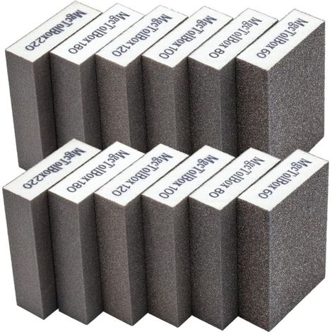 Kit di 12 spugne abrasive, blocchi abrasivi, grana 60/80/100/120/180/220, lavabili e riutilizzabili. Specifiche.