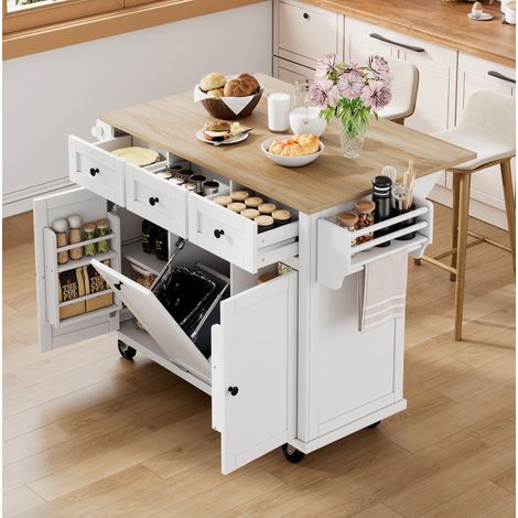 Isola cucina 112 x 46,2-76,2 x 92,7 cm bianca/naturale con ruote, piano estraibile e vano rifiuti (1/5)