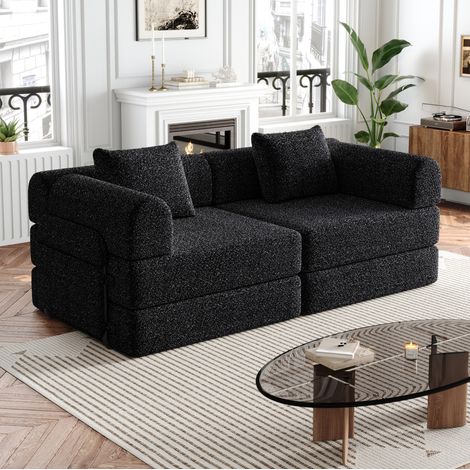 Canapé-lit 2-en-1 en chenille noir avec rangement dans l’accoudoir et structure en acier,183,8x91,4x69,8 cm (1/5)