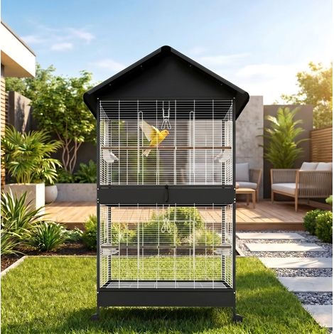 Pajarera XXL con separador desmontable, 2 puertas, ruedas, 2 perchas, negra DESVIAE (1/5)