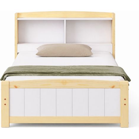 Lit simple 90 x 200 cm avec tête de lit bibliothèque et rangement, cadre en bois et sommier à lattes, finition blanche, idéal pour chambre enfant ou ado – CHICFURN (1/5)