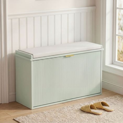 Banc à chaussures avec coussin d'assise rembourré et tiroir rabattable pour couloir, chambre, 80 x 26 x 47,5 cm, vert (1/5)